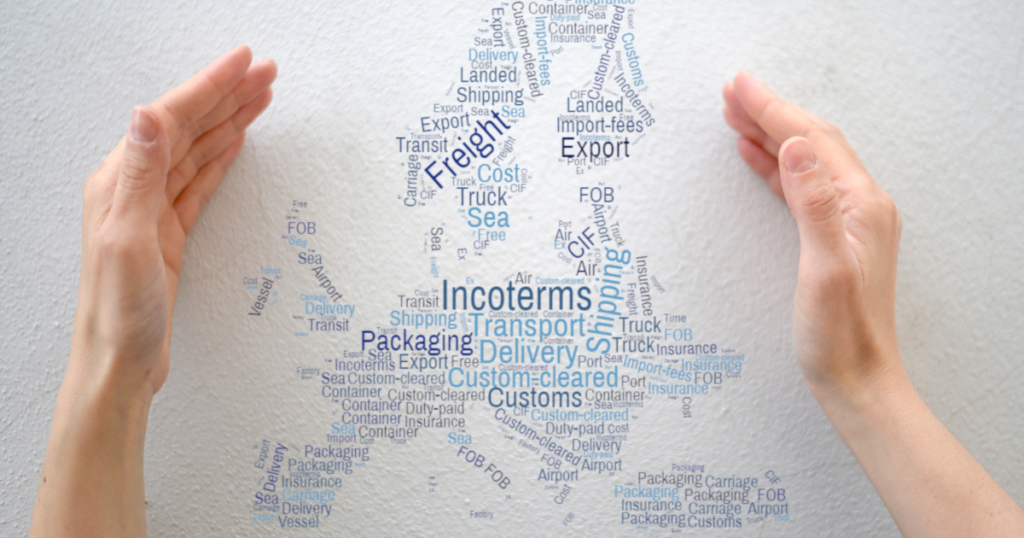 Word cloud featuring terms related to the European Union and Incoterms, illustrating key concepts and ideas.